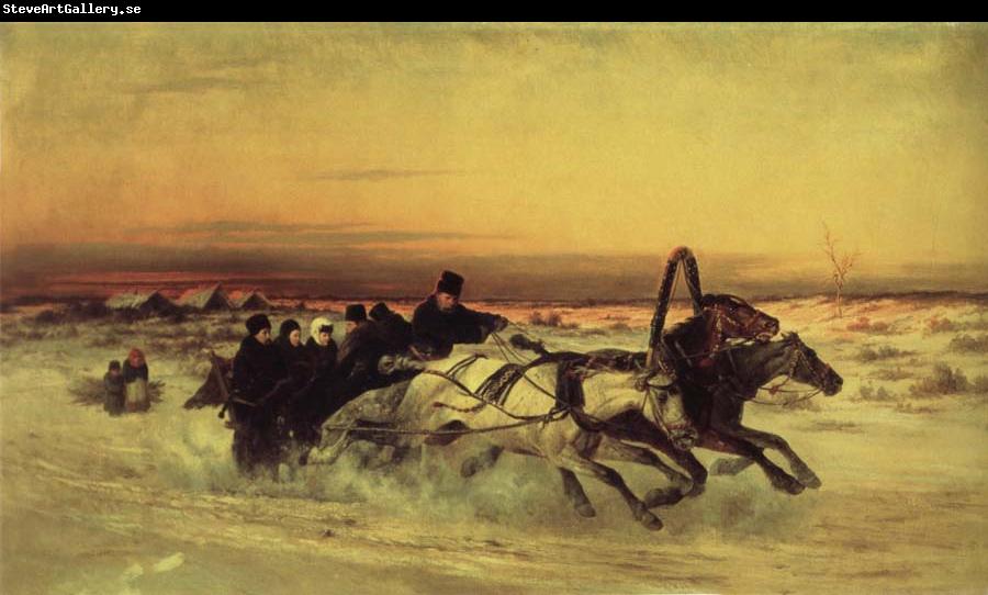 unknow artist Oil undated a Wintertroika in the gallop in sunset